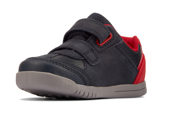 Clarks Rex Play T in Navy/Red Leather Side view