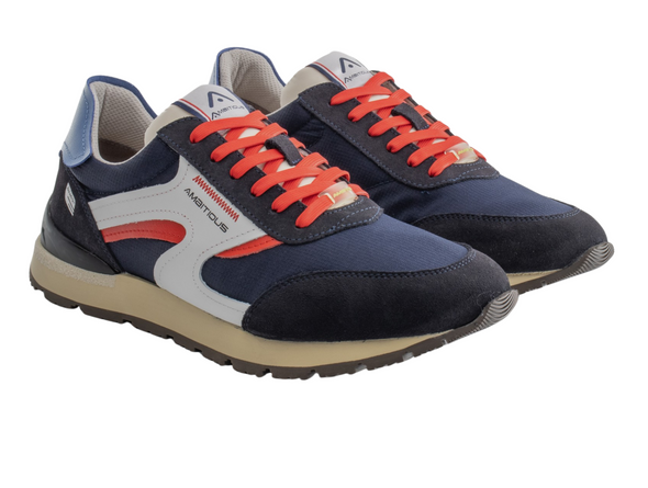 Ambitious 13853-11239AM Speedster - Navy, white and red retro sneaker, laced with a rubber sole on a white background upper view