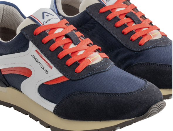 Ambitious 13853-11239AM Speedster - Navy, white and red retro sneaker, laced with a rubber sole on a white background upper view