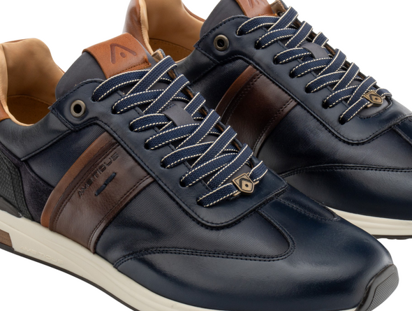 Ambitious 14050-6553AM Slow - Navy laced sneaker with brown accents on a white background upper view