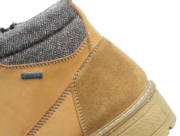 Ara 11-23654-19 Frederik - close up of a Cognac laced boot with textured grey collar on a white background. 
