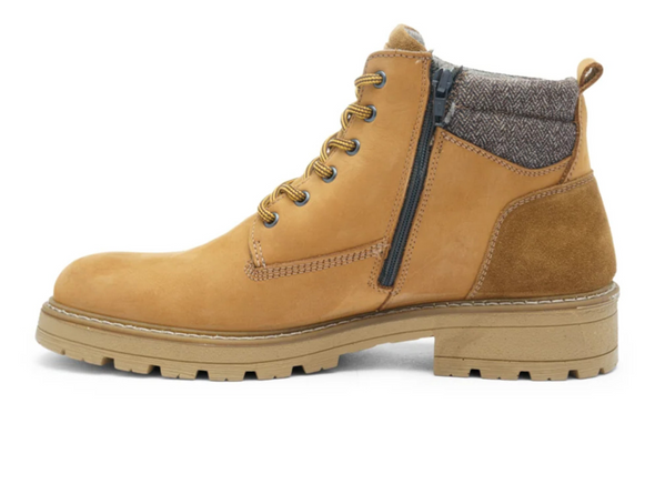 Ara 11-23654-19 Frederik - Cognac laced boot with an inner zip and textured grey collar on a white background. 