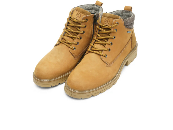 Ara 11-23654-19 Frederik - pair of Cognac laced boots with textured grey collar on a white background. 