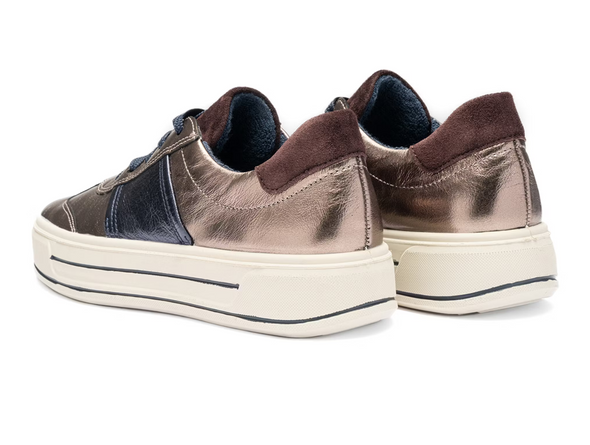 Ara 12-23012-05 Canberra 3.0 - Gold Metallic laced sneaker with navy accents back view on white background. 