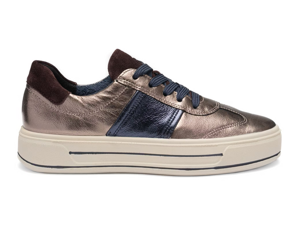 Ara 12-23012-05 Canberra 3.0 - Gold Metallic laced sneaker with navy accents on white background. 