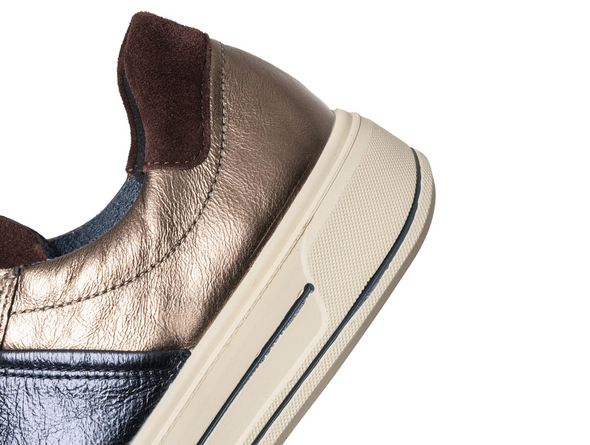 Ara 12-23012-05 Canberra 3.0 - Gold Metallic laced sneaker with navy accents, close up of heel on white background. 