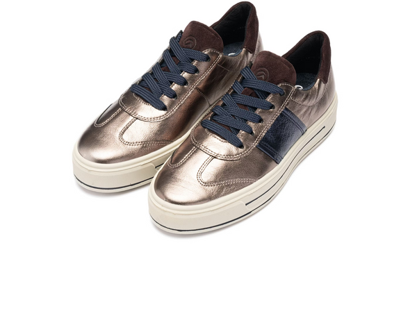 Ara 12-23012-05 Canberra 3.0 - Gold Metallic laced sneaker with navy accents top view on white background. 