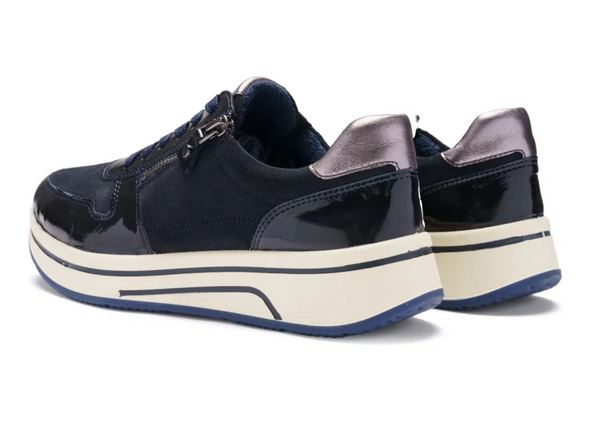 Ara 12-27540-92 Sapporo - pair of Blue Graphite laced sneakers with a side zip  on a white background, back view