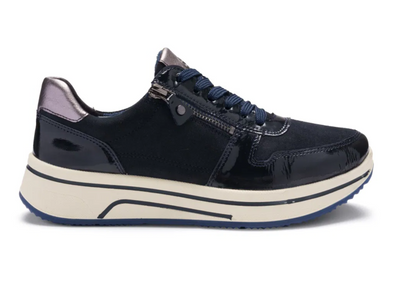 Ara 12-27540-92 Sapporo - Blue Graphite laced sneaker with side zip and thick white sole on a white background. 