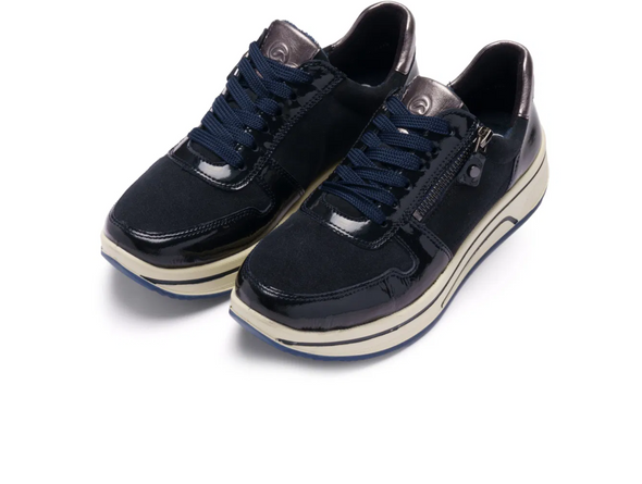 Ara 12-27540-92 Sapporo - pair of Blue Graphite laced sneakers with side zip and thick white sole on a white background. 