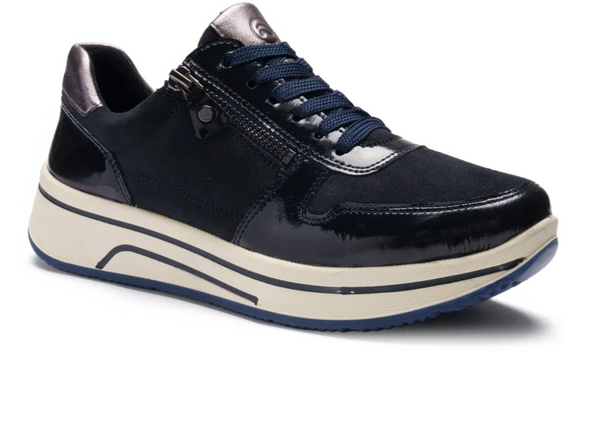 Ara 12-27540-92 Sapporo - Blue Graphite laced sneaker with side zip and thick white sole on a white background upper view