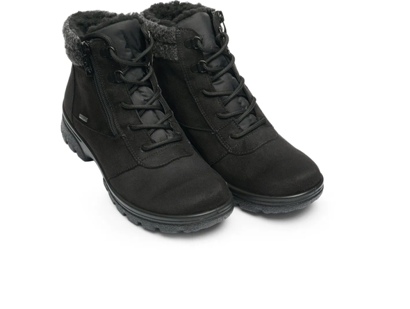 Pair of Ara 12-49309-01 Gore-Tex laced ankle boots in Black  with fur lining on a white background