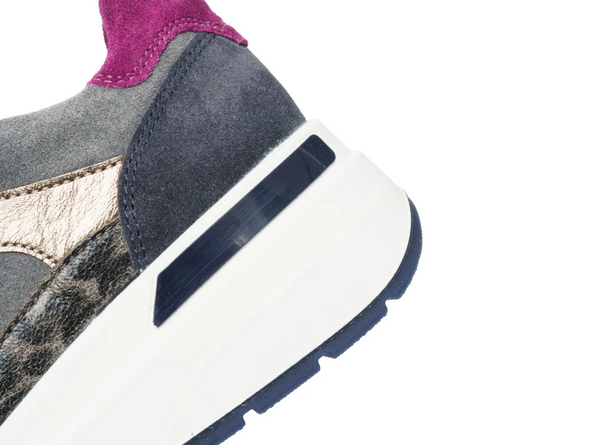 Ara 12-57702-22 Garda - Grey Blue sneaker with purple accents, laced with side zip, close up of heel