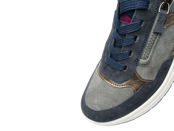 Ara 12-57702-22 Garda - Grey Blue sneaker with purple accents, laced with side zip, close up of toe