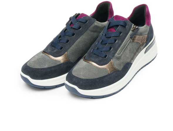 Ara 12-57702-22 Garda - pair of Grey Blue sneakers with purple accents, laced with side zip, upper view