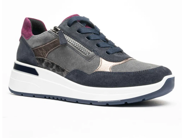 Ara 12-57702-22 Garda - Grey Blue sneaker with purple accents, laced with side zip, upper view