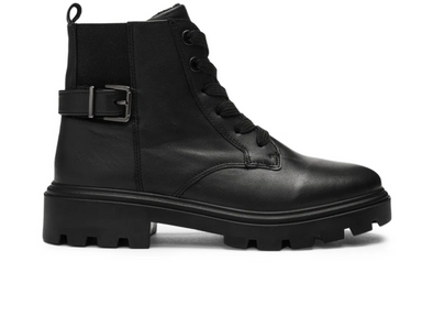 Ara 12-59114-01 Manchester - Black leather laced ankle boot with buckle detail on a white background.