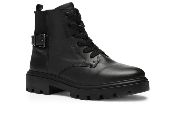 Ara 12-59114-01 Manchester - Black leather laced ankle boot with buckle detail on a white background upper view