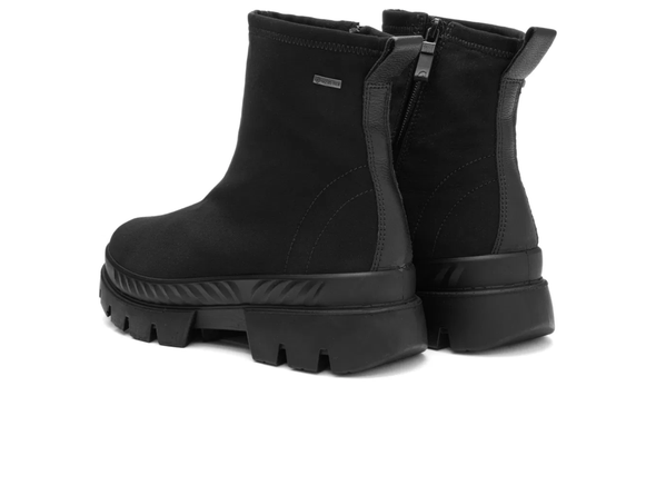 Pair of Ara 12-14102-01 Gore-Tex Black ankle boots on a white background, back view