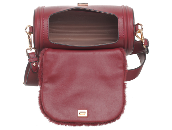Bessie London Plush Barrel handbag in burgundy inner view on a white background