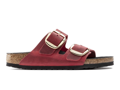 Birkenstock Arizona Big Buckle 1020163 - Fire Red double strap sandal with large gold buckles and a cork footbed with a black sole on a white background