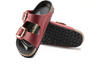 Birkenstock Arizona Big Buckle 1020163 - Fire Red double strap sandal with large gold buckles and a cork footbed with a black sole on a white background sole view