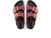 Birkenstock Arizona Big Buckle 1020163 - Fire Red double strap sandal with large gold buckles and a cork footbed with a black sole on a white background top view