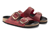 Birkenstock Arizona Big Buckle 1020163 - Fire Red double strap sandal with large gold buckles and a cork footbed with a black sole on a white background upper view