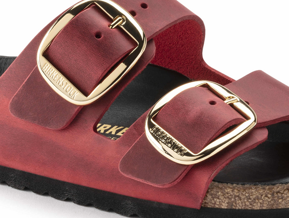 Birkenstock Arizona Big Buckle 1020163 - Fire Red double strap sandal with large gold buckles and a cork footbed with a black sole on a white background upper view