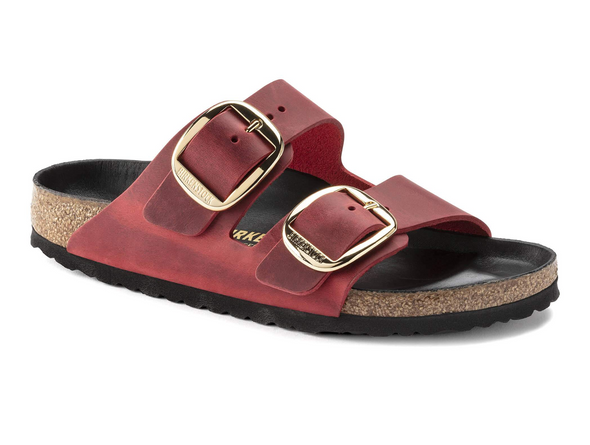 Birkenstock Arizona Big Buckle 1020163 - Fire Red double strap sandal with large gold buckles and a cork footbed with a black sole on a white background upper view