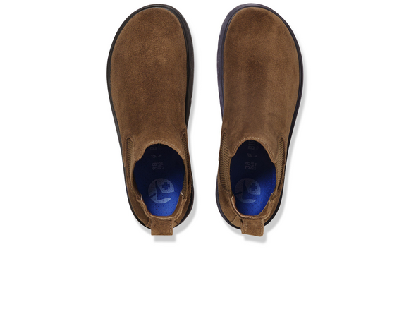Birkenstock Highwood - pair of Chelsea style suede ankle boot in a Dark Tea colour, with blue insoles, top view on a white background.  