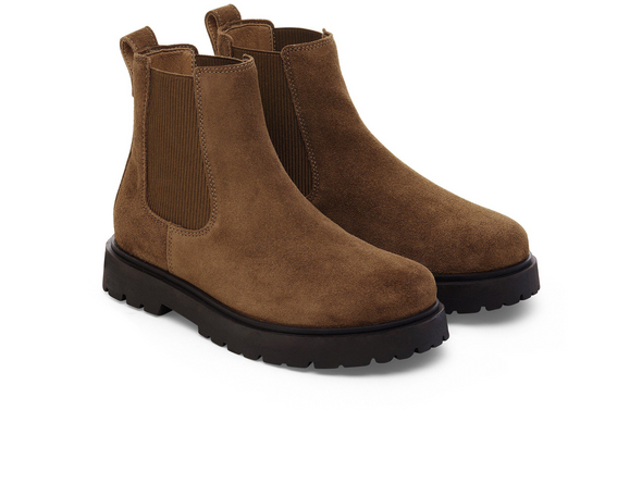 Birkenstock Highwood - pair of Chelsea style suede ankle boots in a Dark Tea colour, black sole on a white background. 