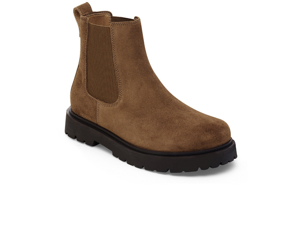 Birkenstock Highwood - Chelsea style suede ankle boot in a Dark Tea colour, black sole on a white background. 