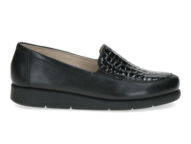 Caprice 24750-41 - Black loafer shoe with a subtle wedge heel and a textured vamp on a white background. 