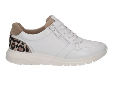 Caprice 9-23751-45 199 - Off White Combi laced sneaker with side zip, with an animal print panel at the heel on a white background. 