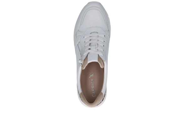 Caprice 9-23751-45 199 - Off White Combi laced sneaker with side zip, with an animal print panel at the heel on a white background, top view
