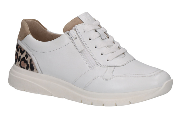 Caprice 9-23751-45 199 - Off White Combi laced sneaker with side zip, with an animal print panel at the heel on a white background upper view