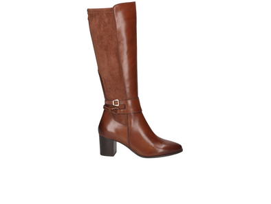 Caprice 9-25501-45 313 - Cognac knee high boot with buckle and plait detail on white background. 