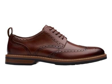 Clarks Aldwin Limit - Mid Tan laced leather brogue shoe on a white background.