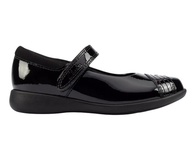 Clarks Etch Beam K school shoe in Black patent with Velcro strap.