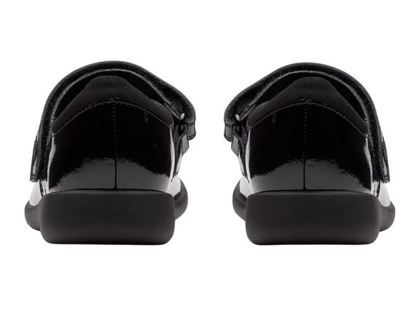 Clarks Etch Pure K school show in Black Patent with Velcro strap