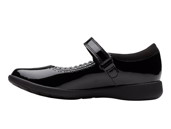 Clarks Etch Pure K school show in Black Patent with Velcro strap