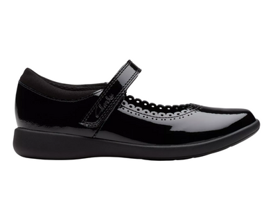 Clarks Etch Pure K school show in Black Patent with Velcro strap