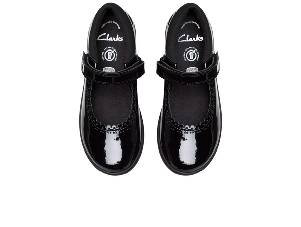 Clarks Etch Pure K school show in Black Patent with Velcro strap