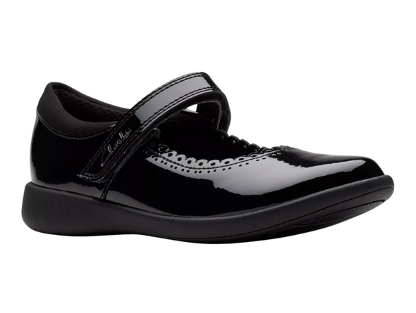 Clarks Etch Pure K school show in Black Patent with Velcro strap