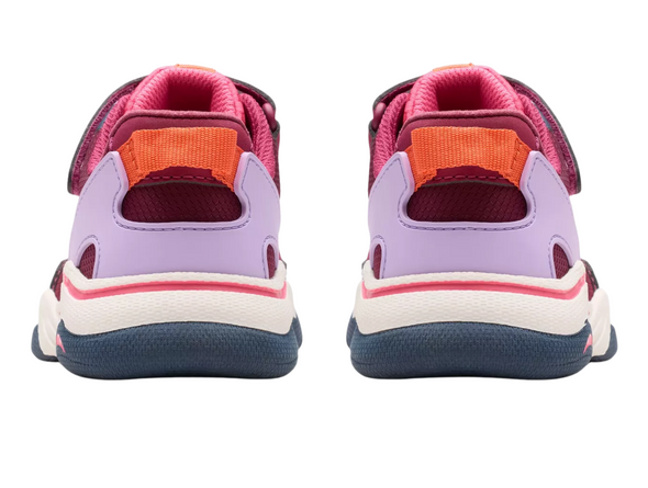 Clarks Feather Track K - Berry Combo laced sneaker with Velcro strap on white background back view