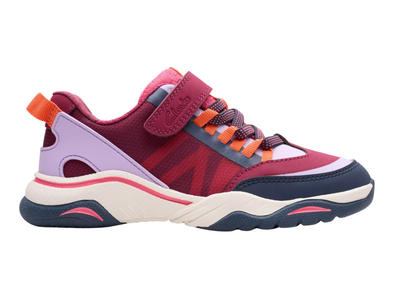 Clarks Feather Track K - Berry Combo laced sneaker with Velcro strap on white background