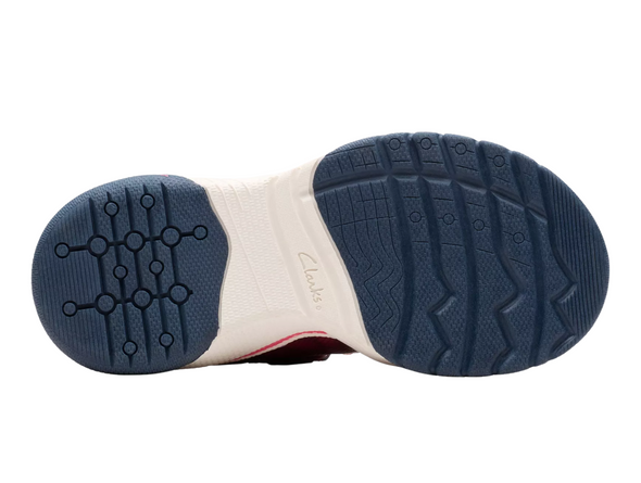 Clarks Feather Track K - Berry Combo laced sneaker with Velcro strap on white background sole view