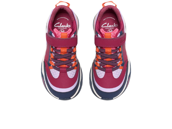 Clarks Feather Track K - Berry Combo laced sneaker with Velcro strap on white background top view