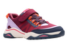 Clarks Feather Track K - Berry Combo laced sneaker with Velcro strap on white background upper view